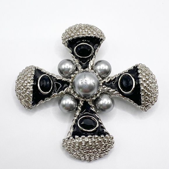 Vintage Maltese Cross Brooch Pin Faux Pearl Enamel Rhinestone 3" Statement Heavy - Picture 2 of 10